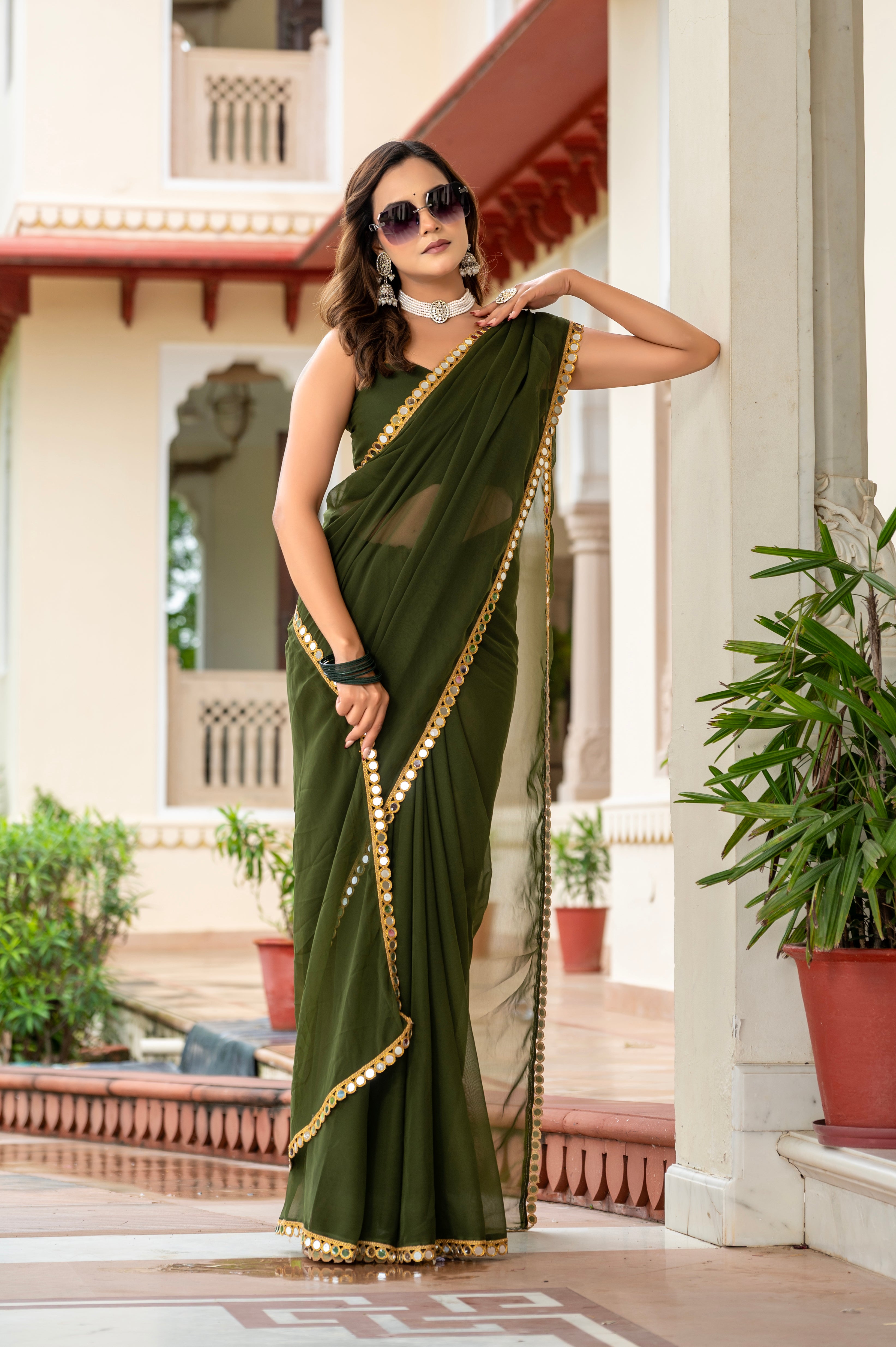 Elegant Mahendi Mirror Work Georgette Saree