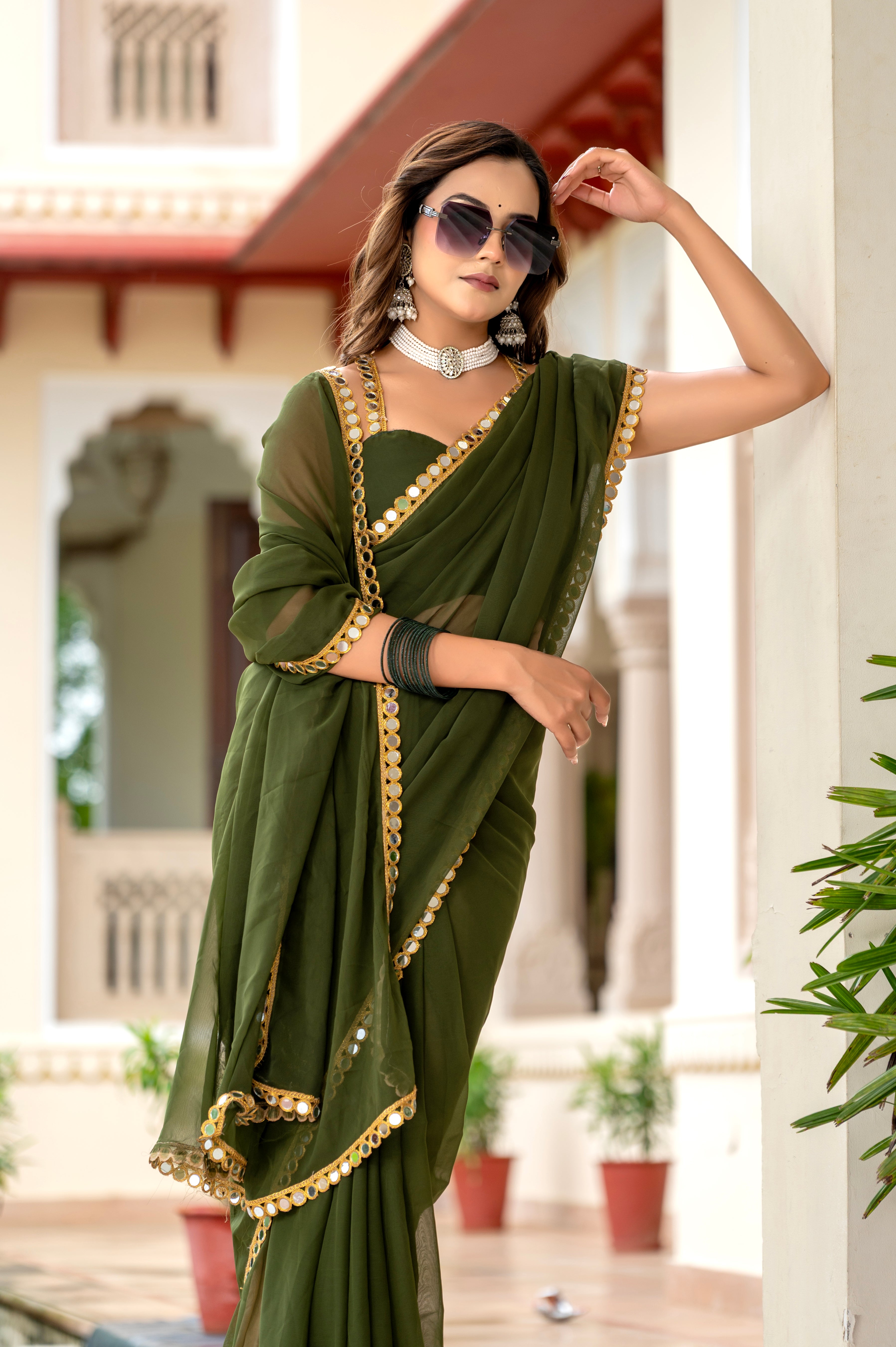 Elegant Mahendi Mirror Work Georgette Saree