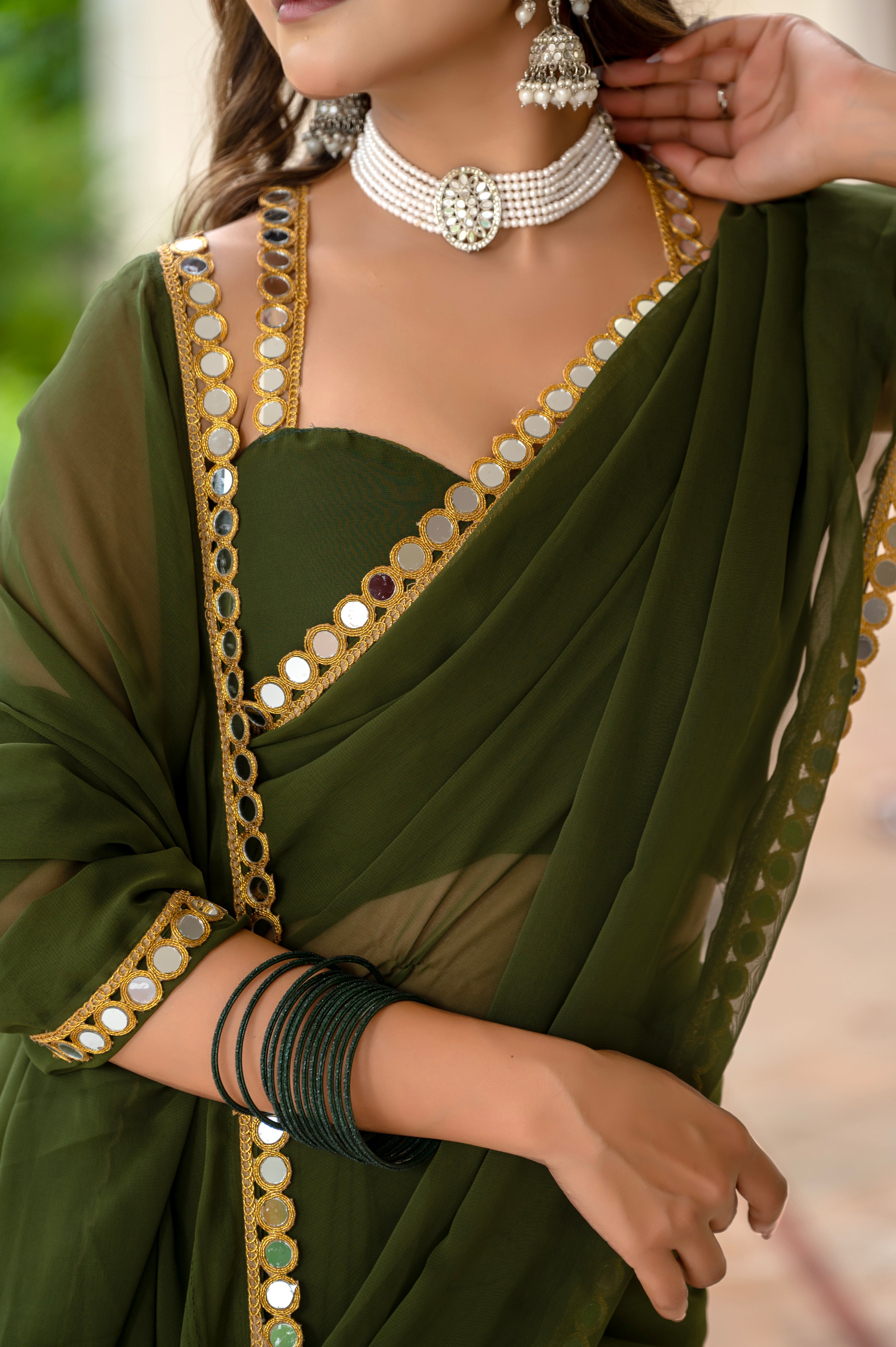 Elegant Mahendi Mirror Work Georgette Saree