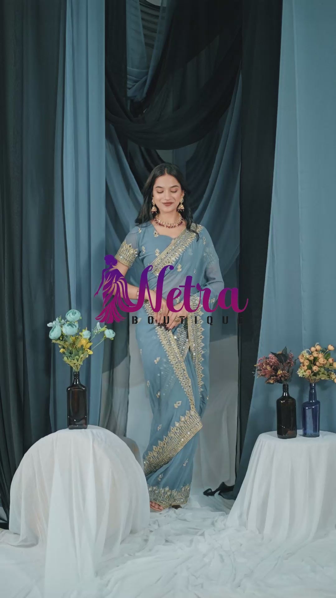 Elegant Gray Georgette Saree with Golden Embroidered Border