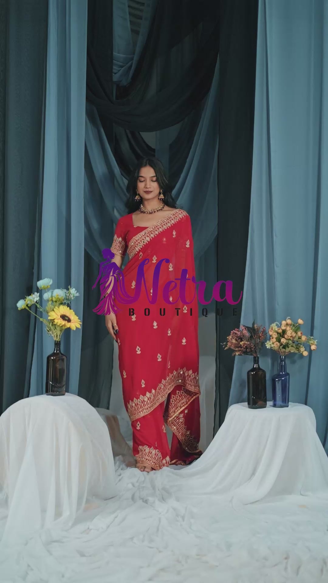 Elegant Red Georgette Saree with Golden Embroidered Border