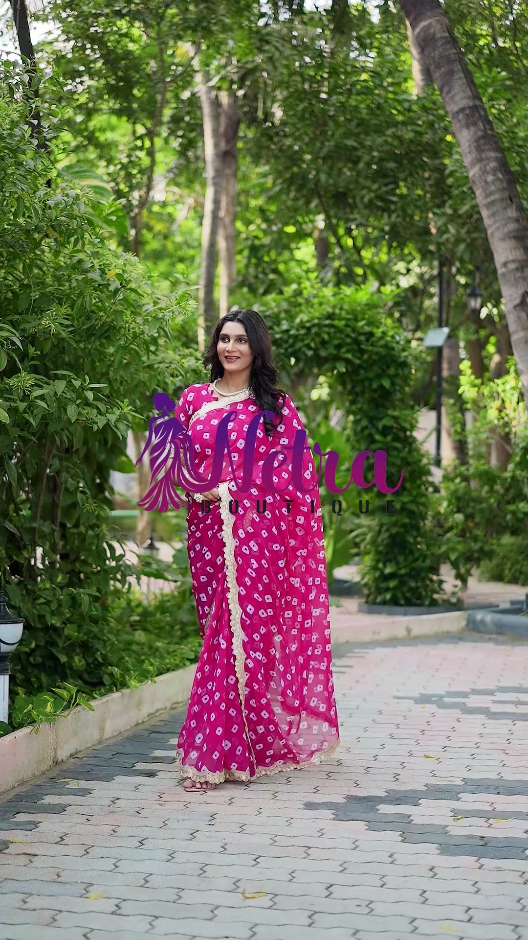 Fuchsia Bandhani Georgette Saree with Golden Lace Border