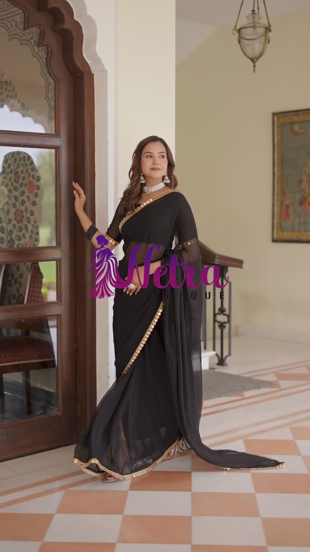 Elegant Black Mirror Work Georgette Saree