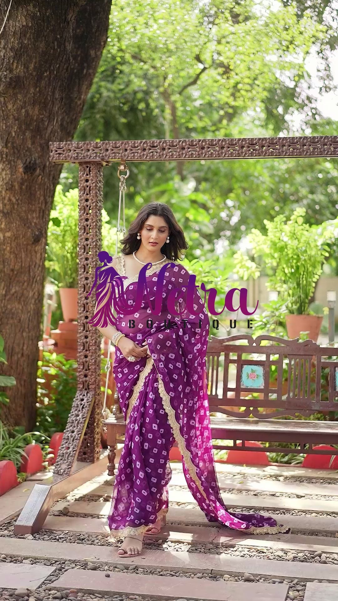 Fuchsia Bandhani Georgette Saree with Golden Lace Border