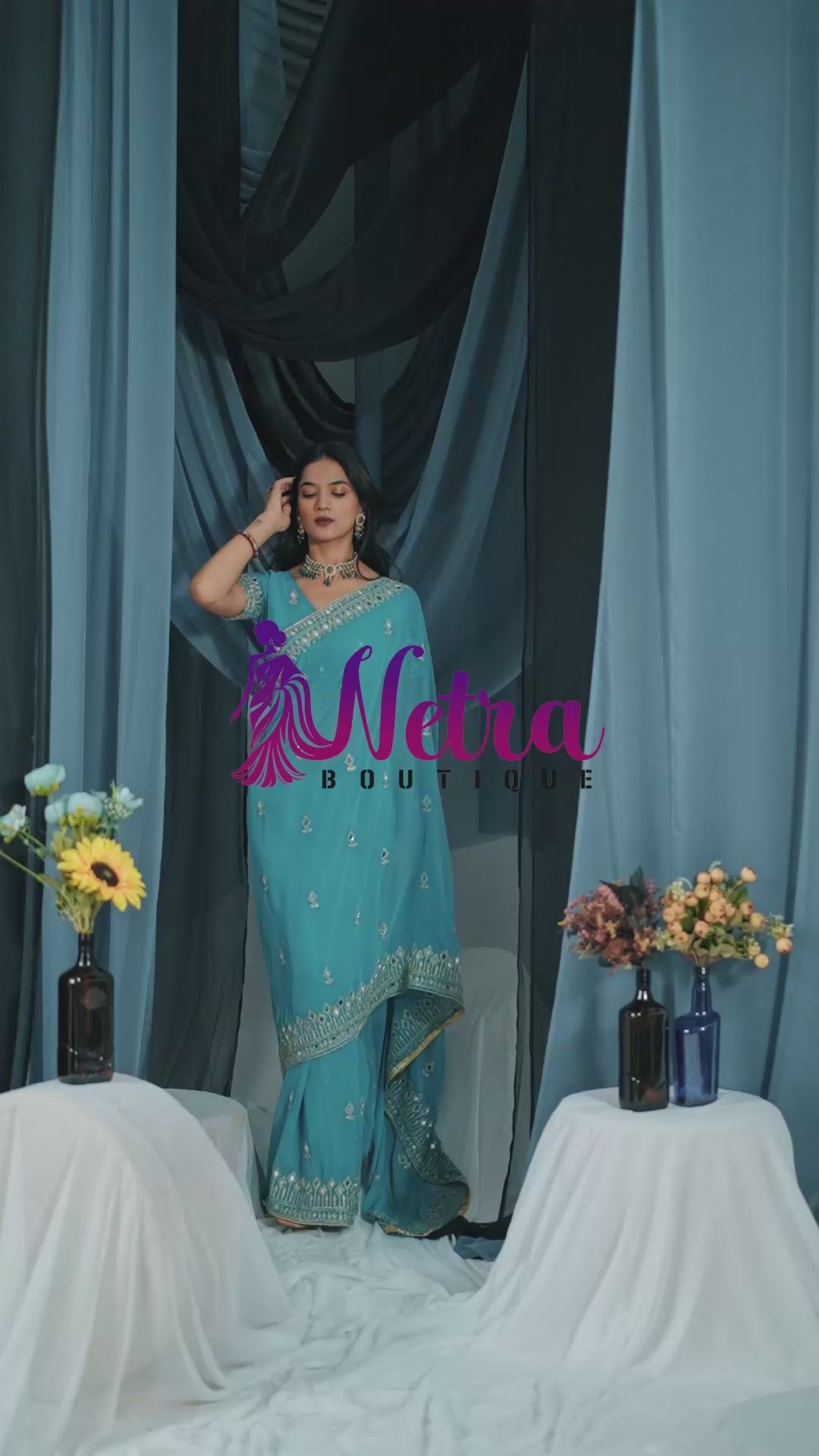 Elegant Sky Georgette Saree with Golden Embroidered Border