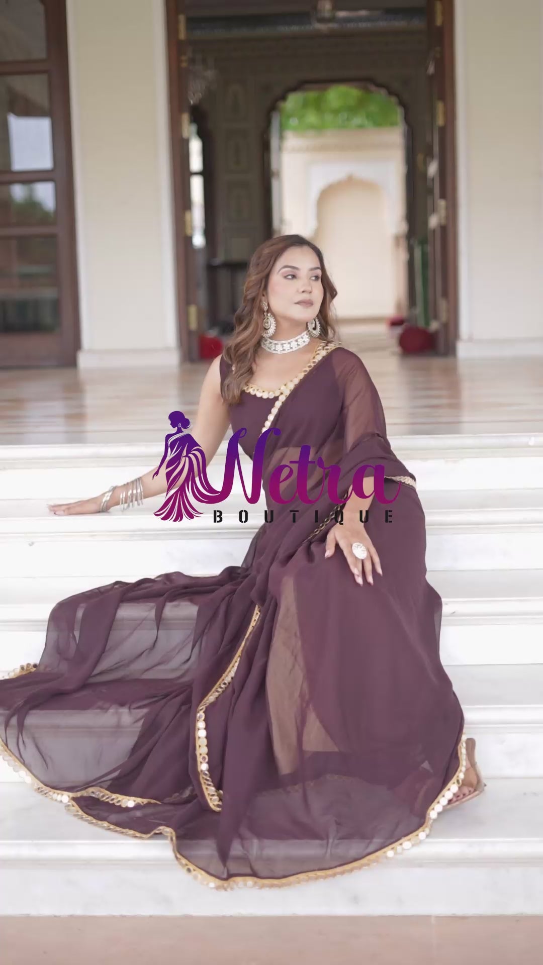 Elegant Coffy Mirror Work Georgette Saree