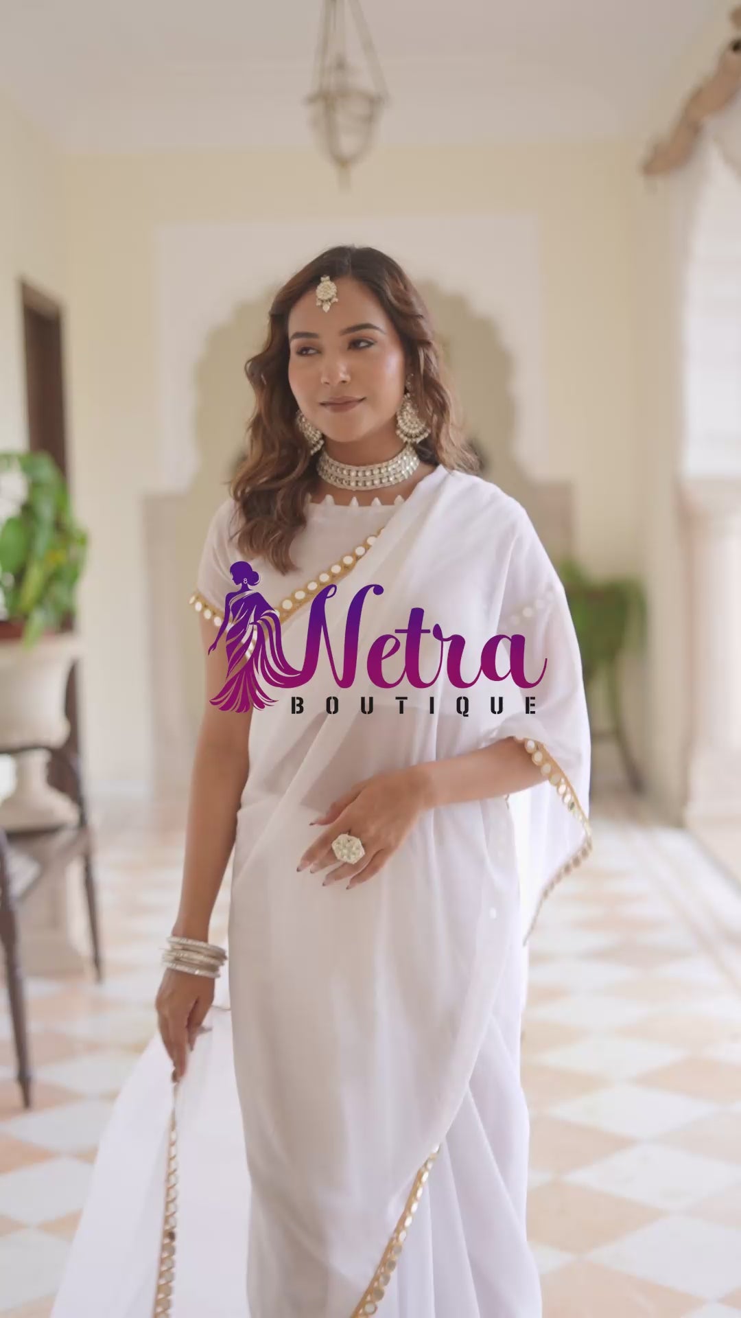 Elegant White Mirror Work Georgette Saree