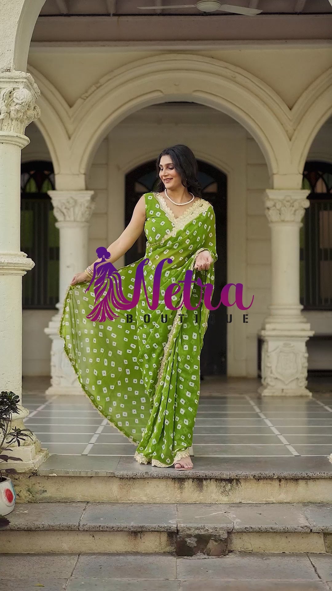 Fuchsia Bandhani Georgette Saree with Golden Lace Border