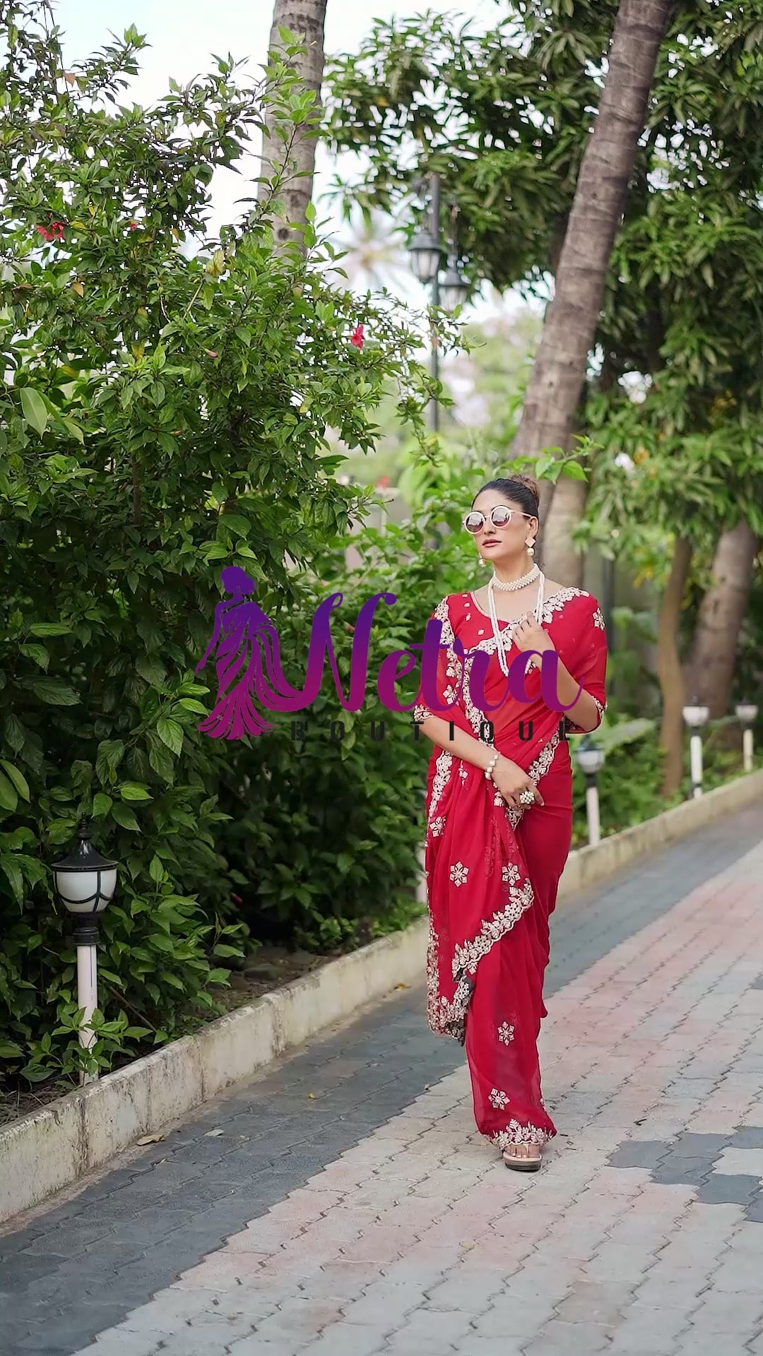 Crimson Blossom Georgette Saree with White Floral Embroidery