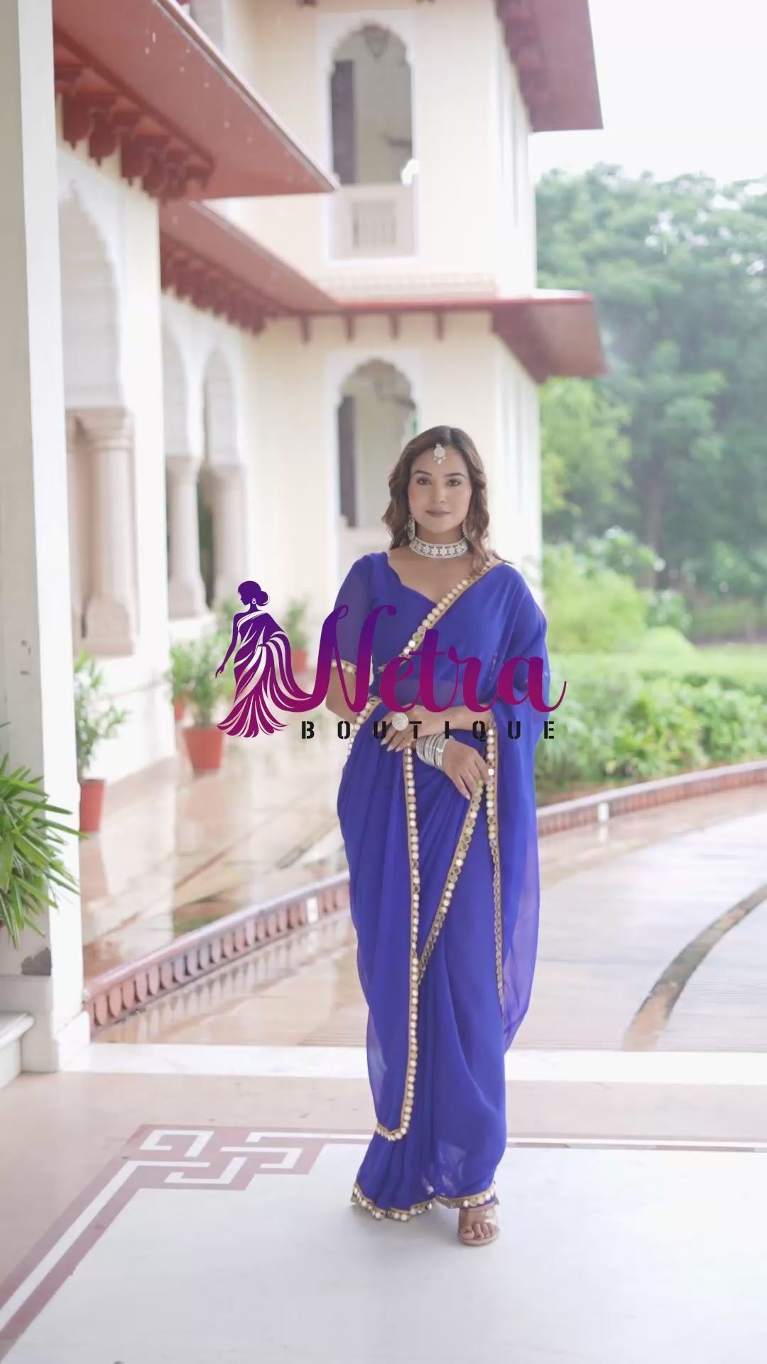 Elegant Blue Mirror Work Georgette Saree