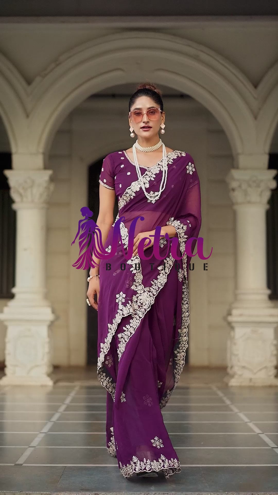 Crimson Blossom Georgette Saree with White Floral Embroidery