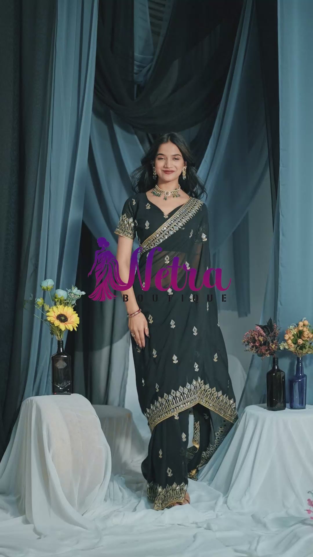 Elegant Black Georgette Saree with Golden Embroidered Border